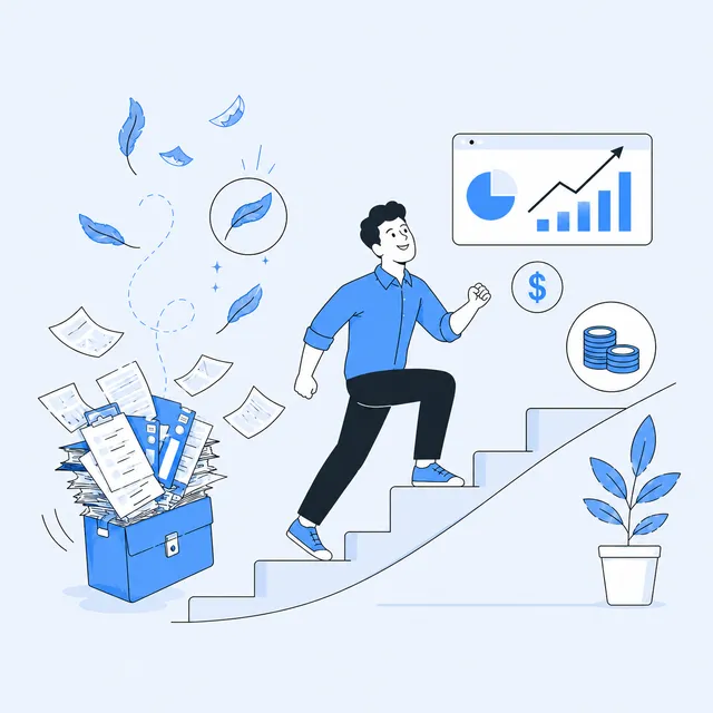 A business owner climbing a staircase towards a growth chart