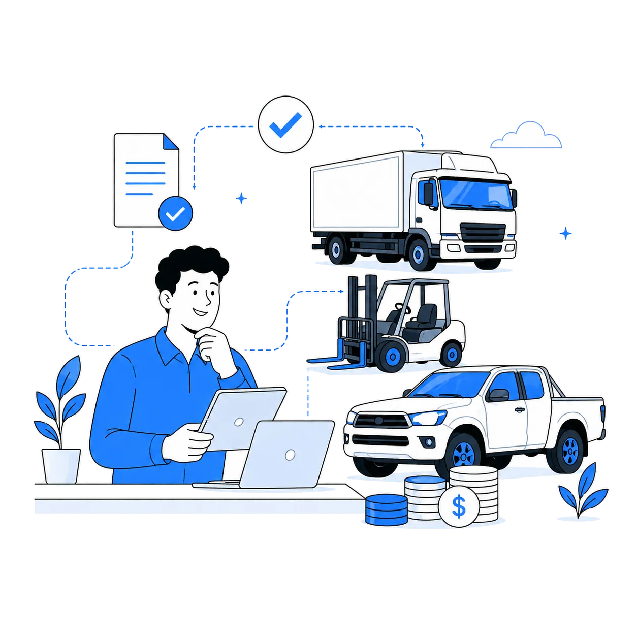 A builder choosing between a truck, a forklift and a ute