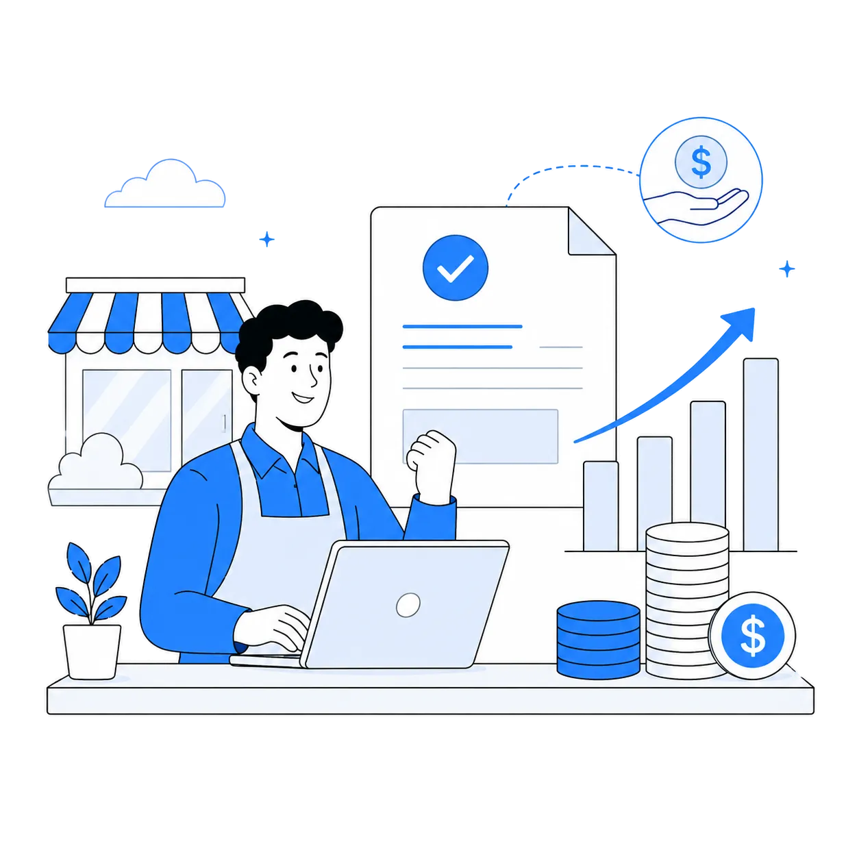 A shop owner at a laptop with sales trending up